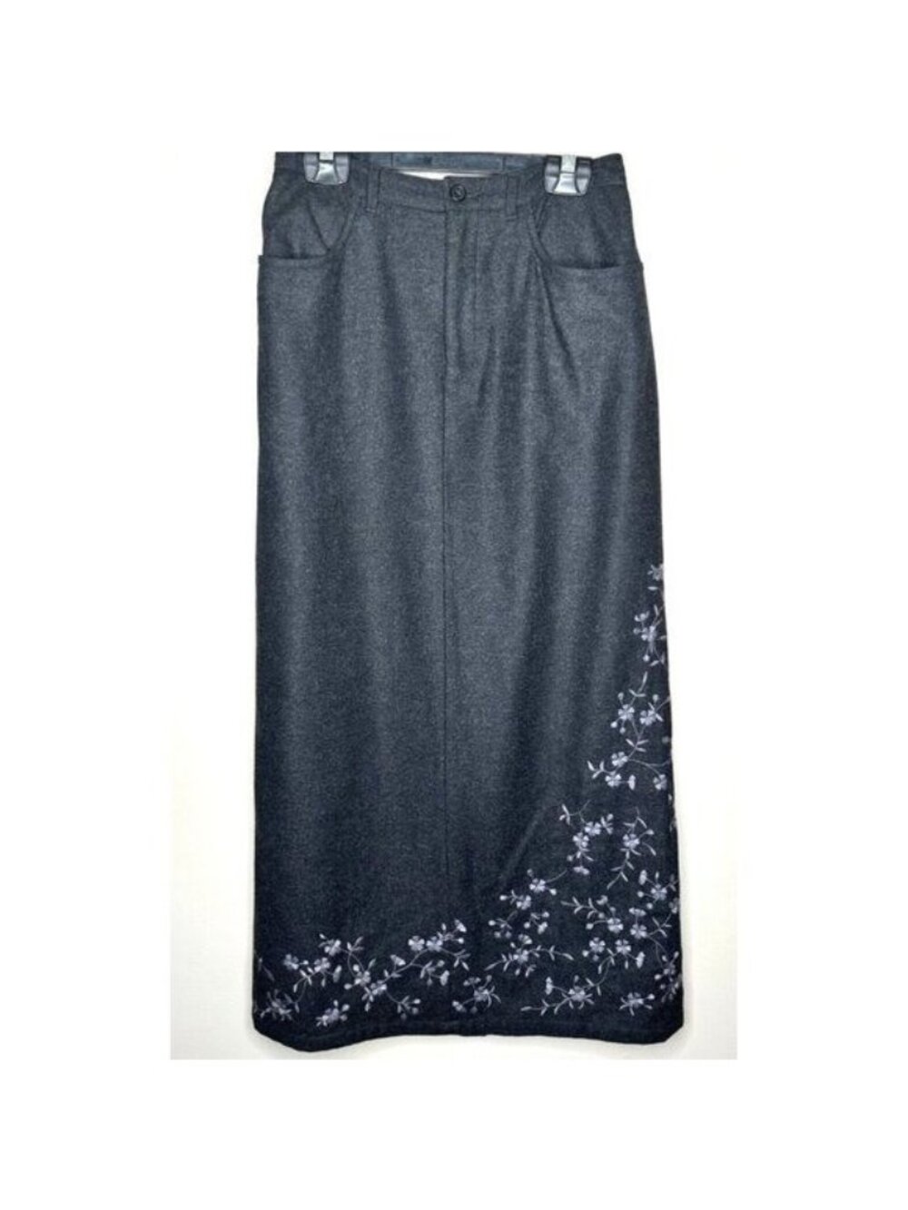 Eddie Bauer Wool Blend Midi Skirt Womens 8 Charcoal Floral Embroidered Recycled